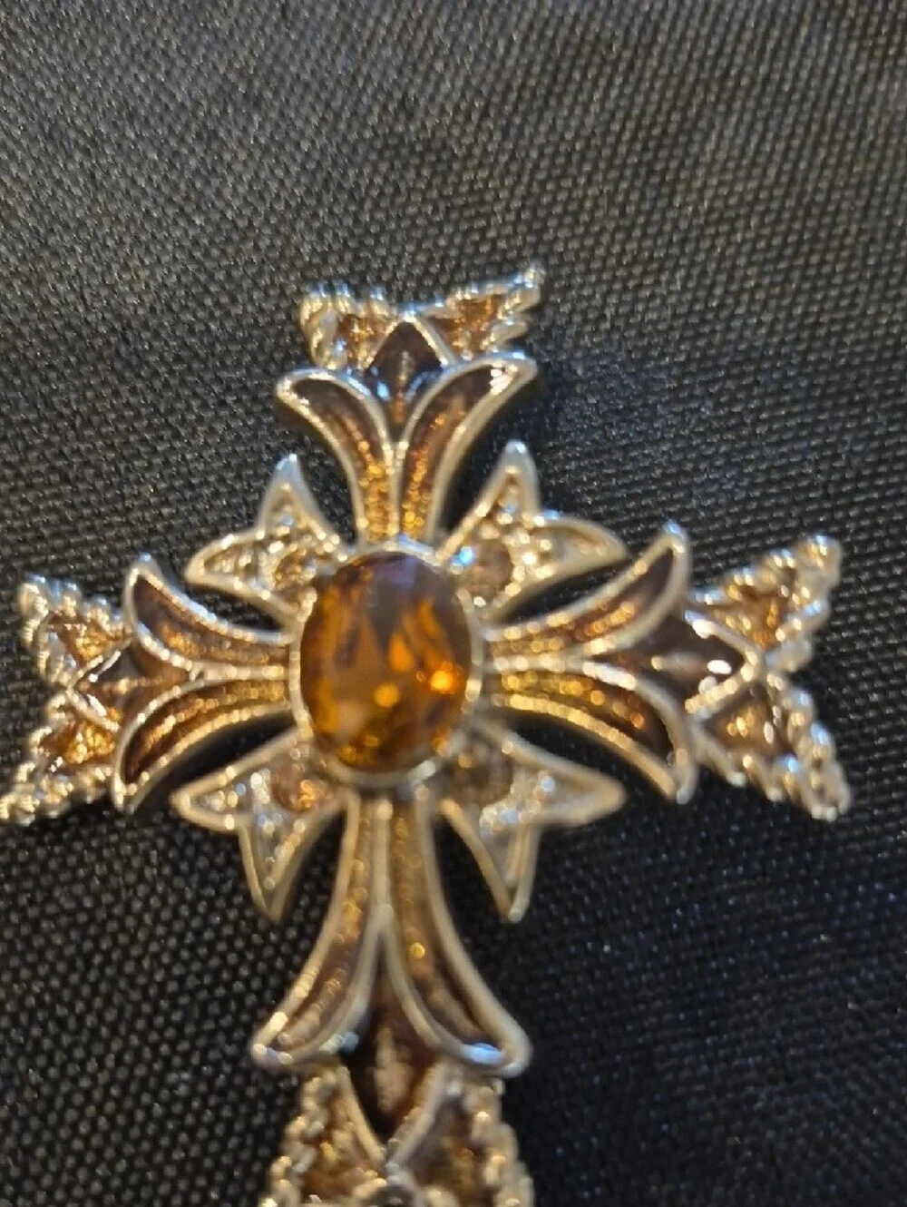 Vintage Monet Ornate Gold Maltese Cross Brooch with Amber Stone